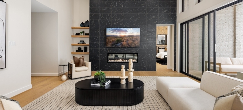 Dramatic Black Slat Accent Wall in Modern Great Room with High Ceilings