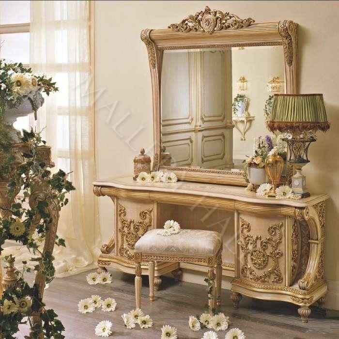Dresser Vanity with Gold Leaf Finish, Intricate Carvings, Baroque Style