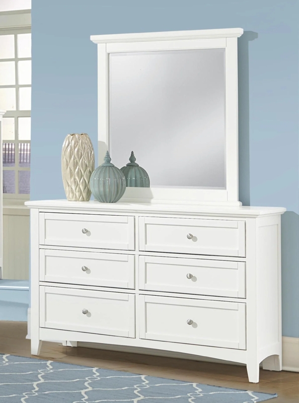Dresser White Six-Drawer with Recessed Panels and Matching Mirror Set.