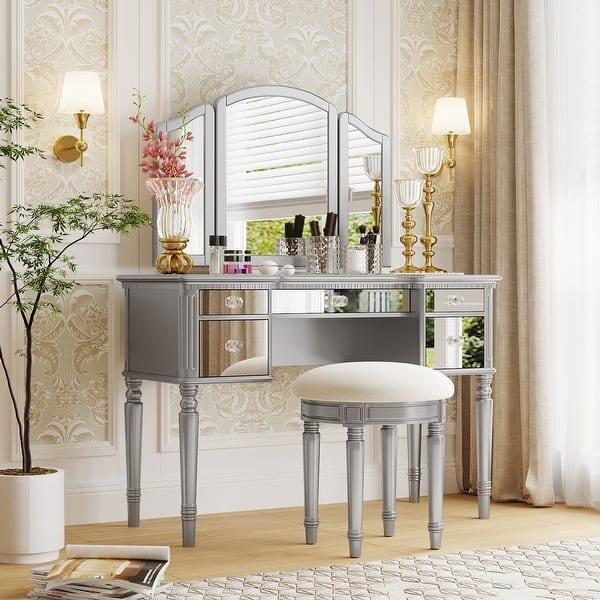 Dressing Table Set with Mirrored Finish, Tri-Fold Mirror, Crystal Knobs
