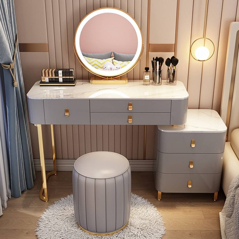 Dressing Table with Ribbed Surface, Lighted Mirror, Modern Gray & Gold