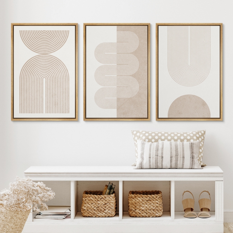 Duotone Abstract Triptych: Framed Canvas with Line Art
