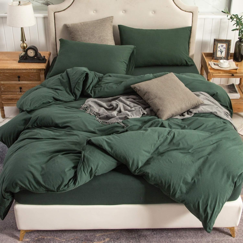Duvet Cover Set Forest Green Jersey Knit Cotton Soft Texture