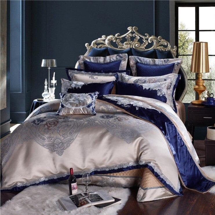 Duvet Cover Set in Navy Blue Silk-Like Fabric with Silver Jacquard Scrollwork