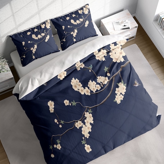 Duvet Cover Set Japanese Inspired White Cherry Blossom Print Floral