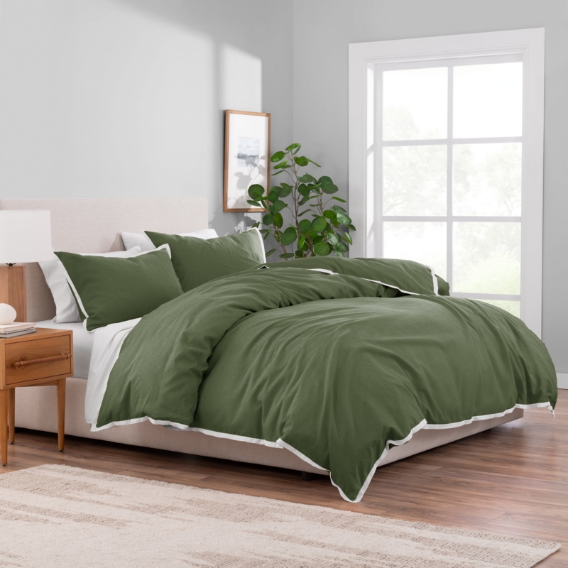 Duvet Cover Set Sage Green Slub Texture Linen Look Minimalist