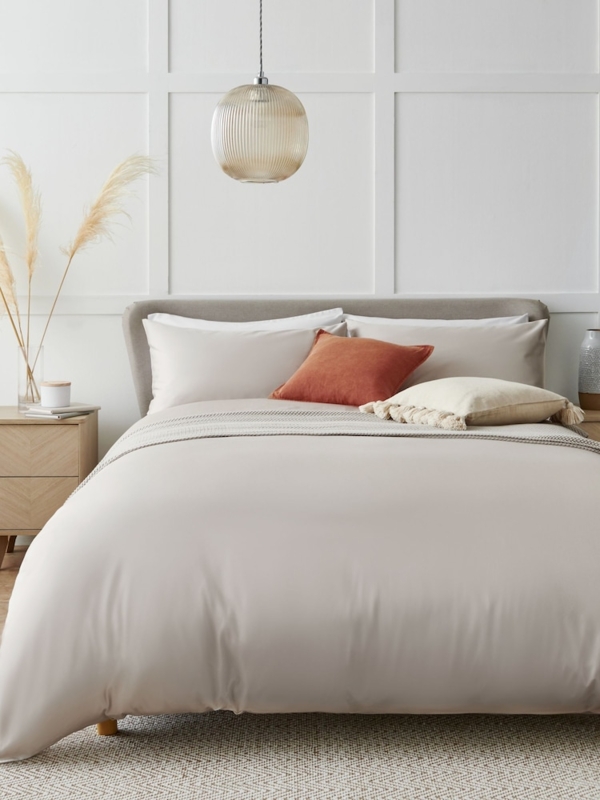 Duvet Cover Set, Stone Sateen Sheen, Oxford Border, Minimalist Style