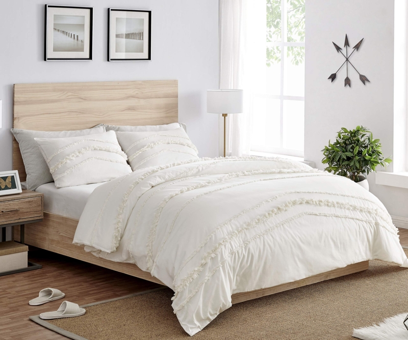 Duvet Cover Set Tufted Geometric Detail Tassel Fringe Boho Ivory
