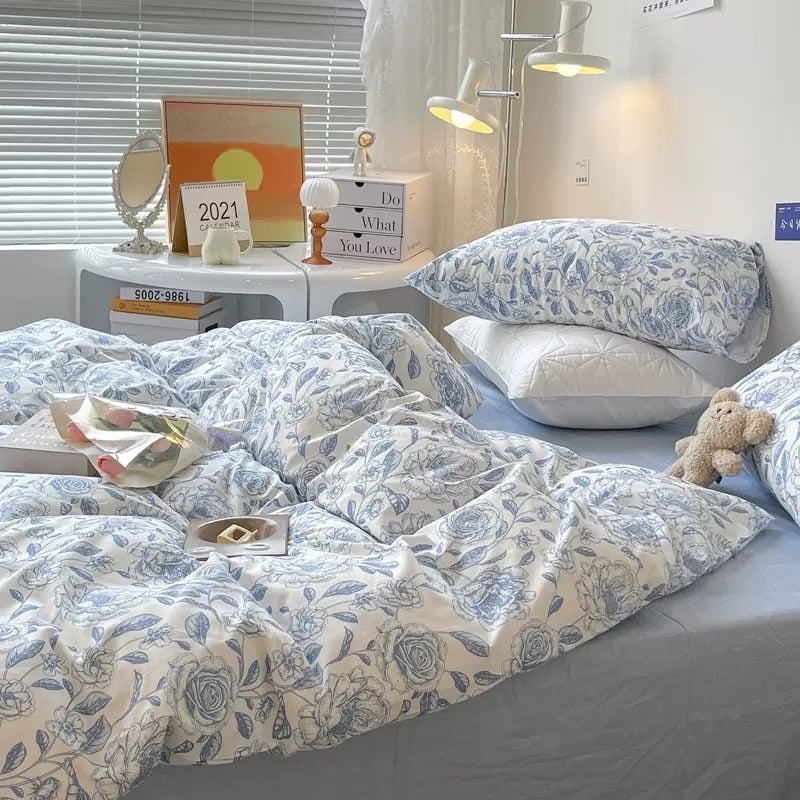 Duvet Cover Set Vintage Aesthetic Blue Floral Print Bedding