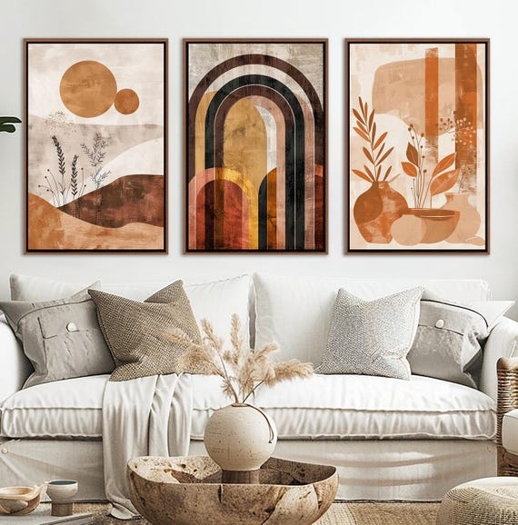 Earth Tone Abstract Wall Art: Boho Triptych Set with Botanical Arches