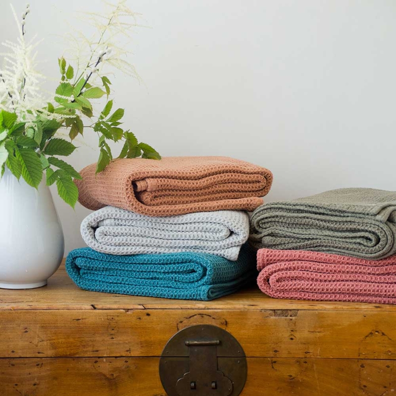Earthy Waffle Weave Throw Blankets, Olive Green and Tan Stack