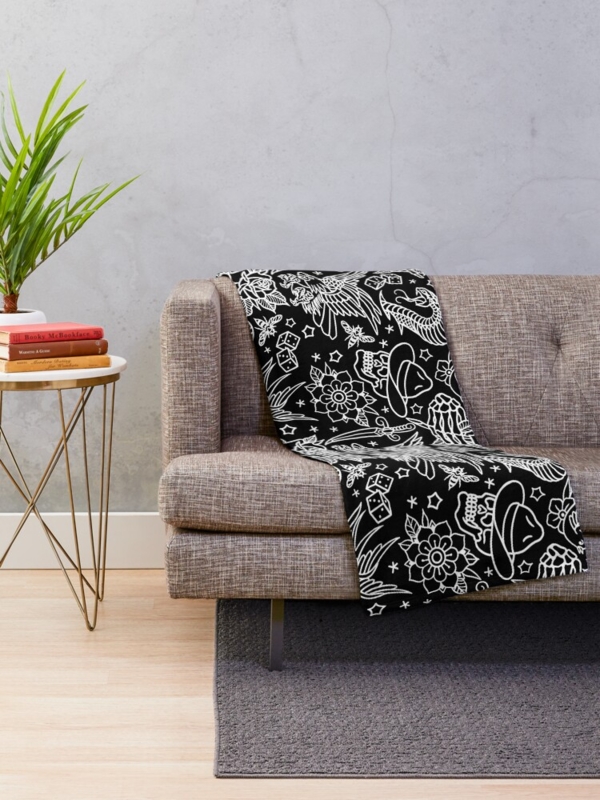 Eclectic Throw Blanket with Illustrated American Traditional Tattoo Print