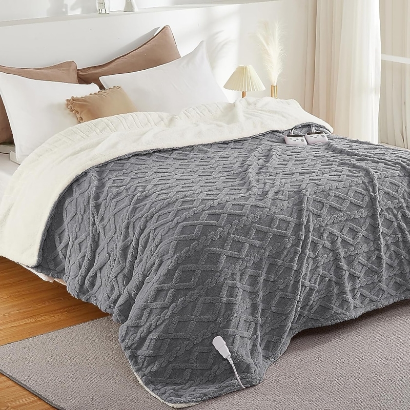 Electric Blanket Diamond Tufted Dual Control Sherpa Lined Gray