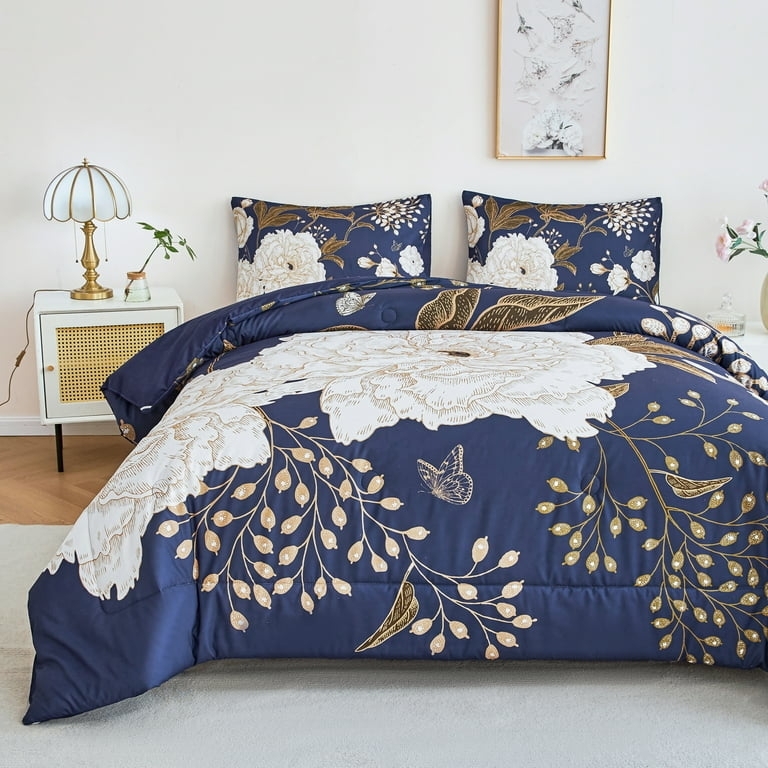 Elegant Glam Navy and Gold Butterfly Floral Comforter Set