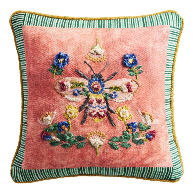 Embroidered Bee & Floral Throw Pillow, Coral Linen-Like, Whimsical Decor