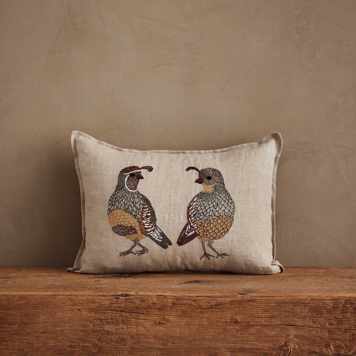 Embroidered Desert Quail Throw Pillow with Textured Linen Base