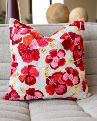Embroidered Hibiscus Throw Pillow, Tasseled Fringe, Off-White Cotton-Like