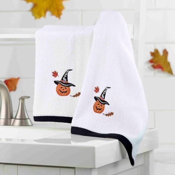Embroidered Pumpkin White Hand Towel for Seasonal Fall Decor