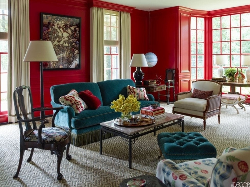 Emerald Green Velvet Sofa Rolled Arms Maximalist Red Room