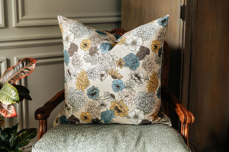 Euro Pillow Cover: Botanical Print Blue Floral, Traditional Flange Detail.