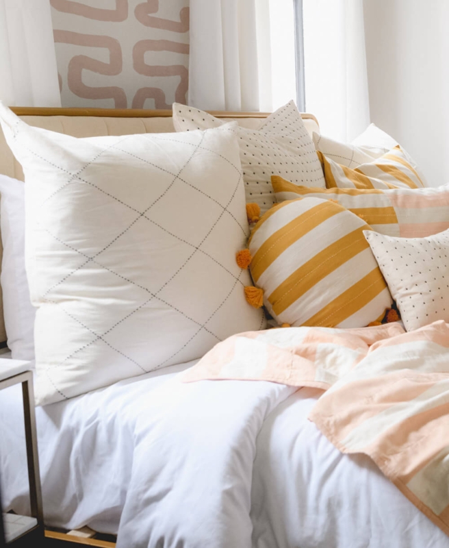 Euro Sham: Diamond Stitching, Quilted Texture Cream Bohemian Bedding.