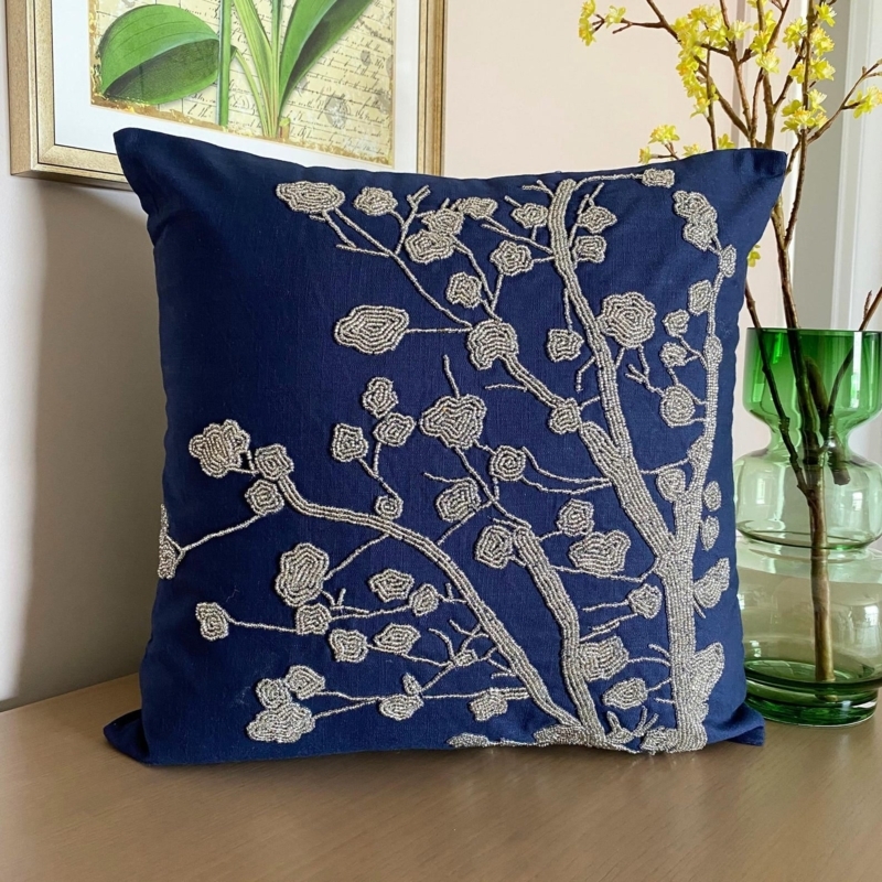 Euro Sham: Oversized Magnolia Embroidery, Navy Blue and Silver Glam Decor.