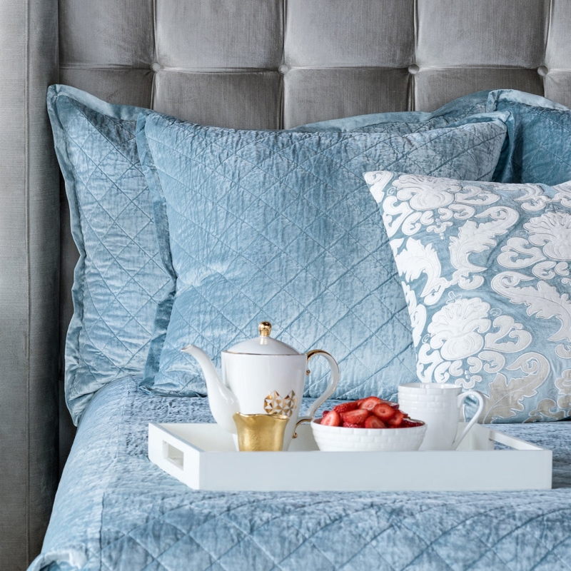 European Sham: Ice Blue Velvet, Shimmering Diamond Quilted Pattern Glam.