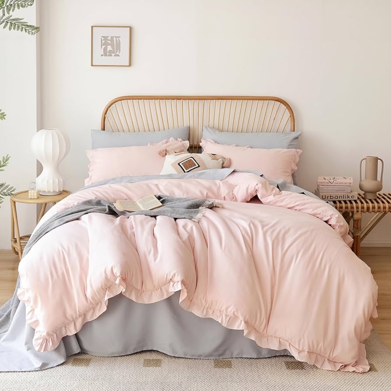 Farmhouse Comforter Set in Blush Pink with Ruffled Trim