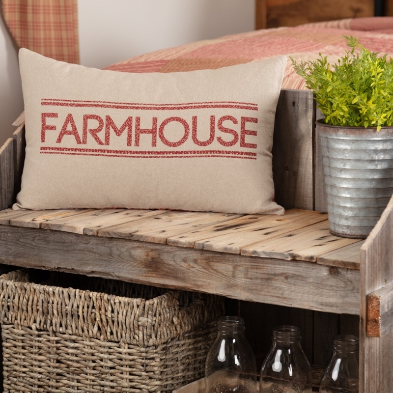 Farmhouse Throw Pillow with Stenciled Rooster and Grain Sack Stripes