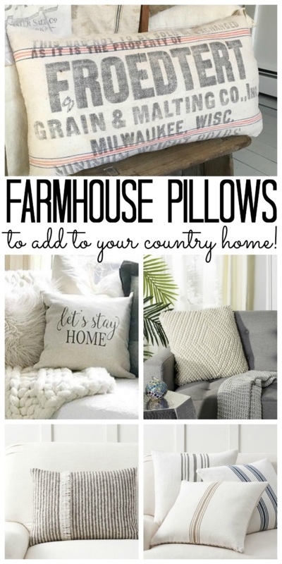 Farmhouse Throw Pillows featuring Burlap Texture and Ticking Stripes