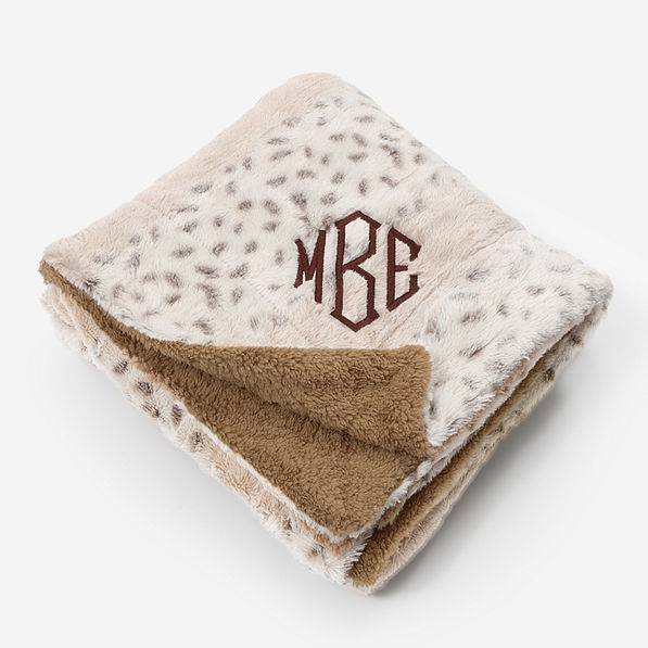 Faux Fur Throw Blanket Cream Monogrammed Plush High Pile