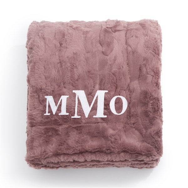 Faux Fur Throw Blanket Dusty Mauve Embroidered Trellis Pattern