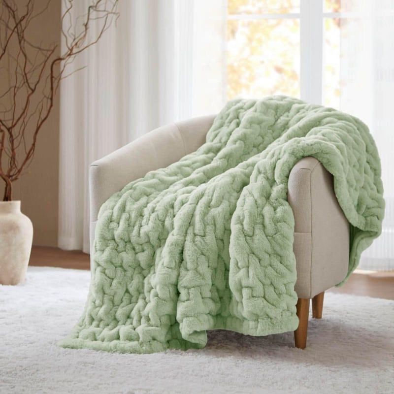 Faux Fur Throw Blanket Sage Green Ruched Plush Matte Finish