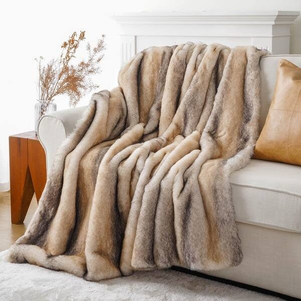 Faux Fur Throw Blanket Silver Long Pile Frosted Tips