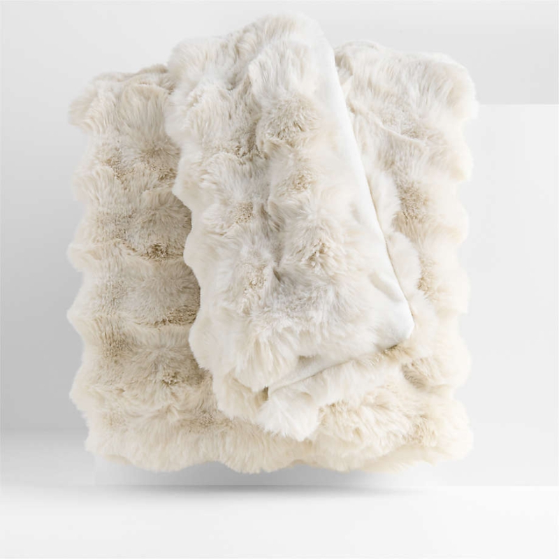 Faux Fur Throw Blanket with Wavy Texture, Plush Arctic Ivory Shaggy Pile