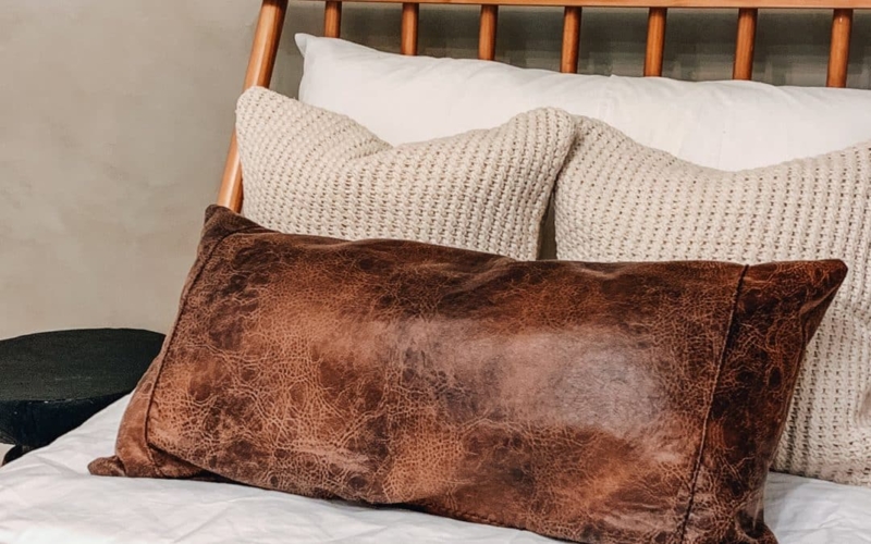 Faux Leather Square Pillow: Center Seam Detail, Transitional Accents