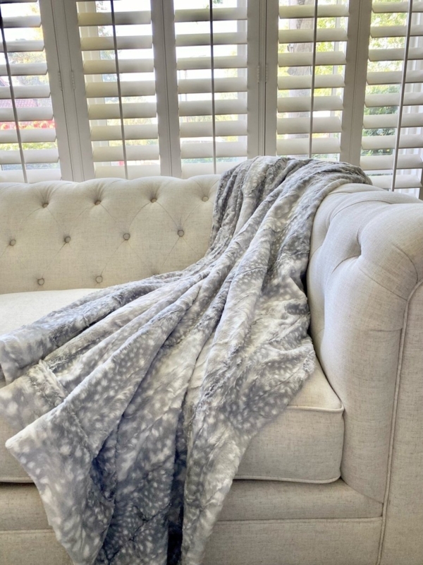 Fawn Print Throw Blanket Silver Blue Plush High Pile Animal Pattern