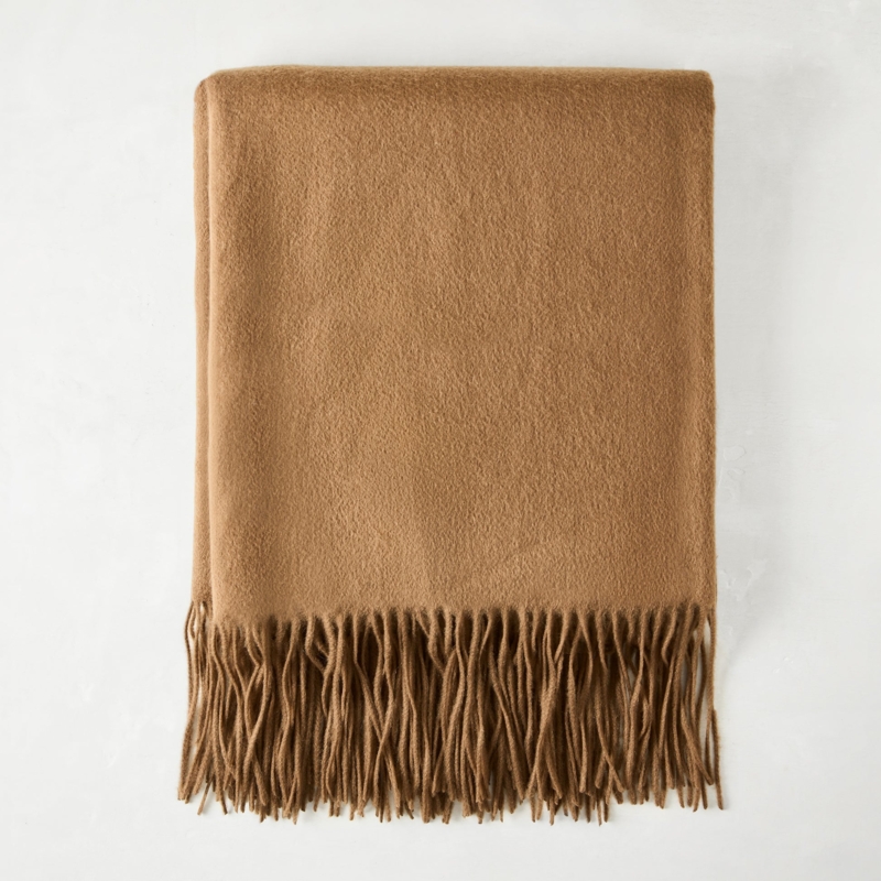 Fine Weave Throw Blanket Camel Brown Cashmere Like Woven Minimalist