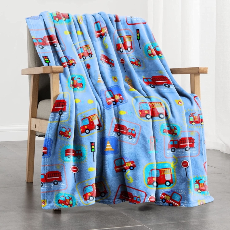 Fire Truck Throw Blanket Fleece Blue Red Vehicle Print Playful Boys