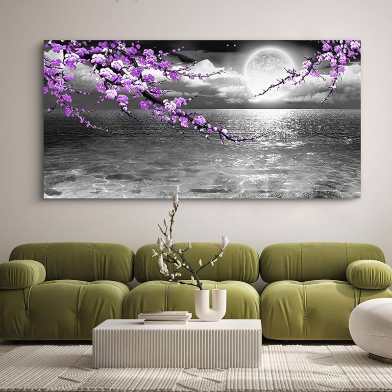 Five-Panel Canvas Set Monochrome Seascape Purple Blossoms Decor