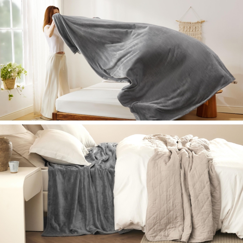 Fleece Bed Blanket, Grey, Lightweight Microfiber