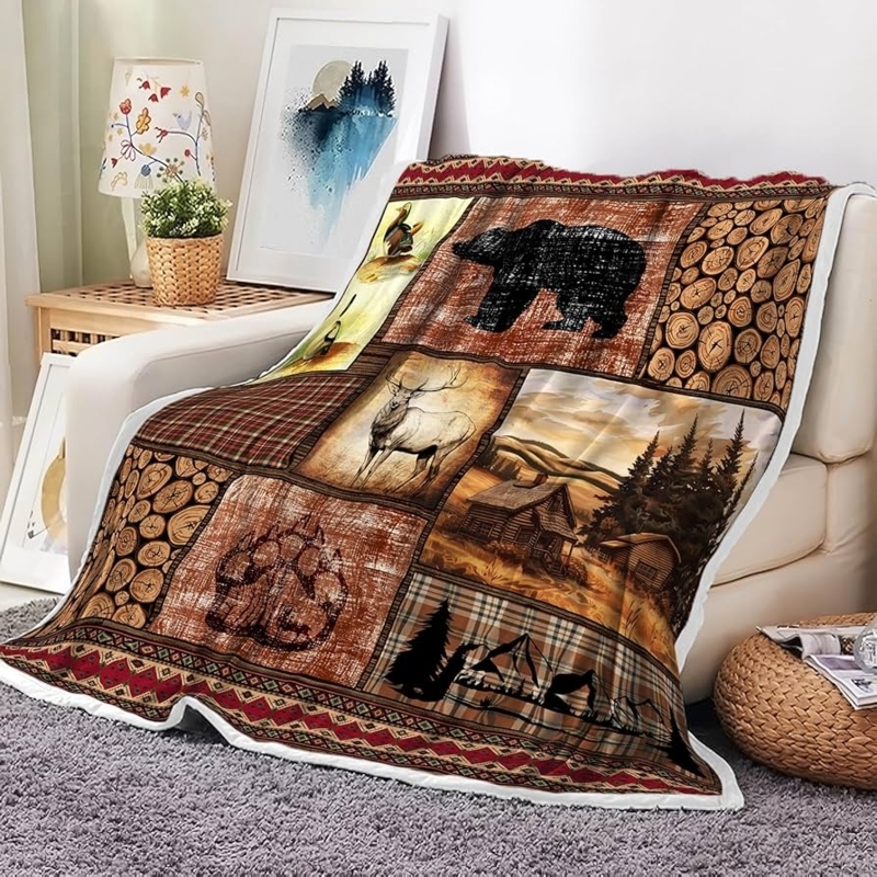 Fleece Throw Blanket Bear Deer Forest Print Rustic Lodge Bedding