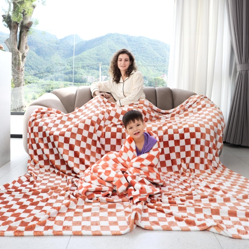 Fleece Throw Blanket, Brown and Cream Checkered Pattern, Plush Pile