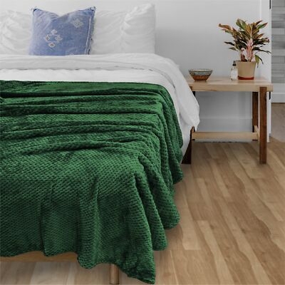 Fleece Throw Blanket Emerald Green Waffle Weave Matte Cozy