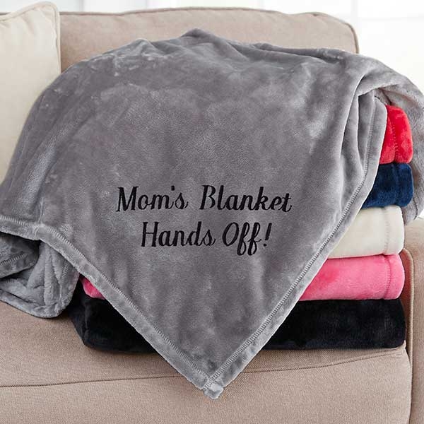 Fleece Throw Blanket Light Gray Red Cursive Embroidery Message
