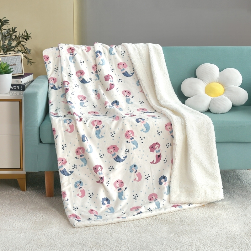 Fleece Throw Blanket Mermaid Print Pink Sherpa Lined Reversible Cozy
