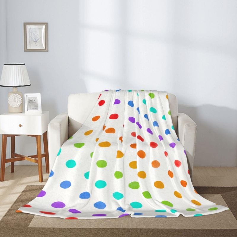 Fleece Throw Blanket Rainbow Polka Dots Soft Cheerful