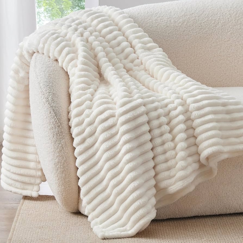Fleece Throw Blanket Wide Ribbed Texture Cream, Textured Cream White Throw