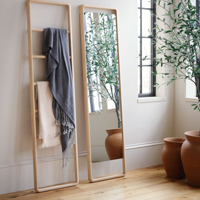 Floor Mirror Arched Hinoki Wood Frame Natural Japandi Leaning