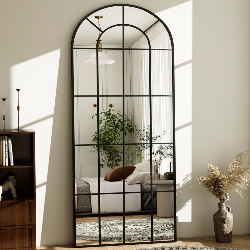 Floor Mirror Arched Top Leaning Design Windowpane Grid Modern